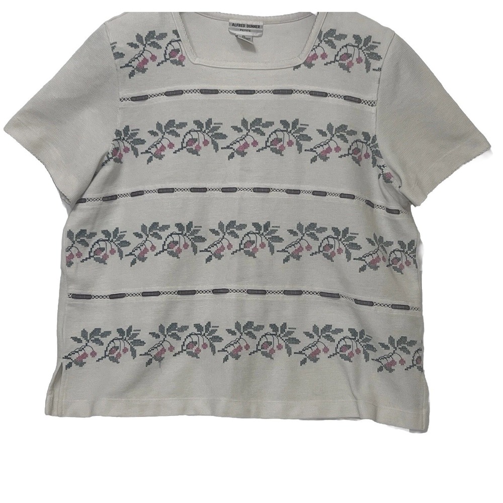 Alfred Dunner Women Petite PL Lace Knit Vine Accents Blouse Top Square Neck - Picture 1 of 7